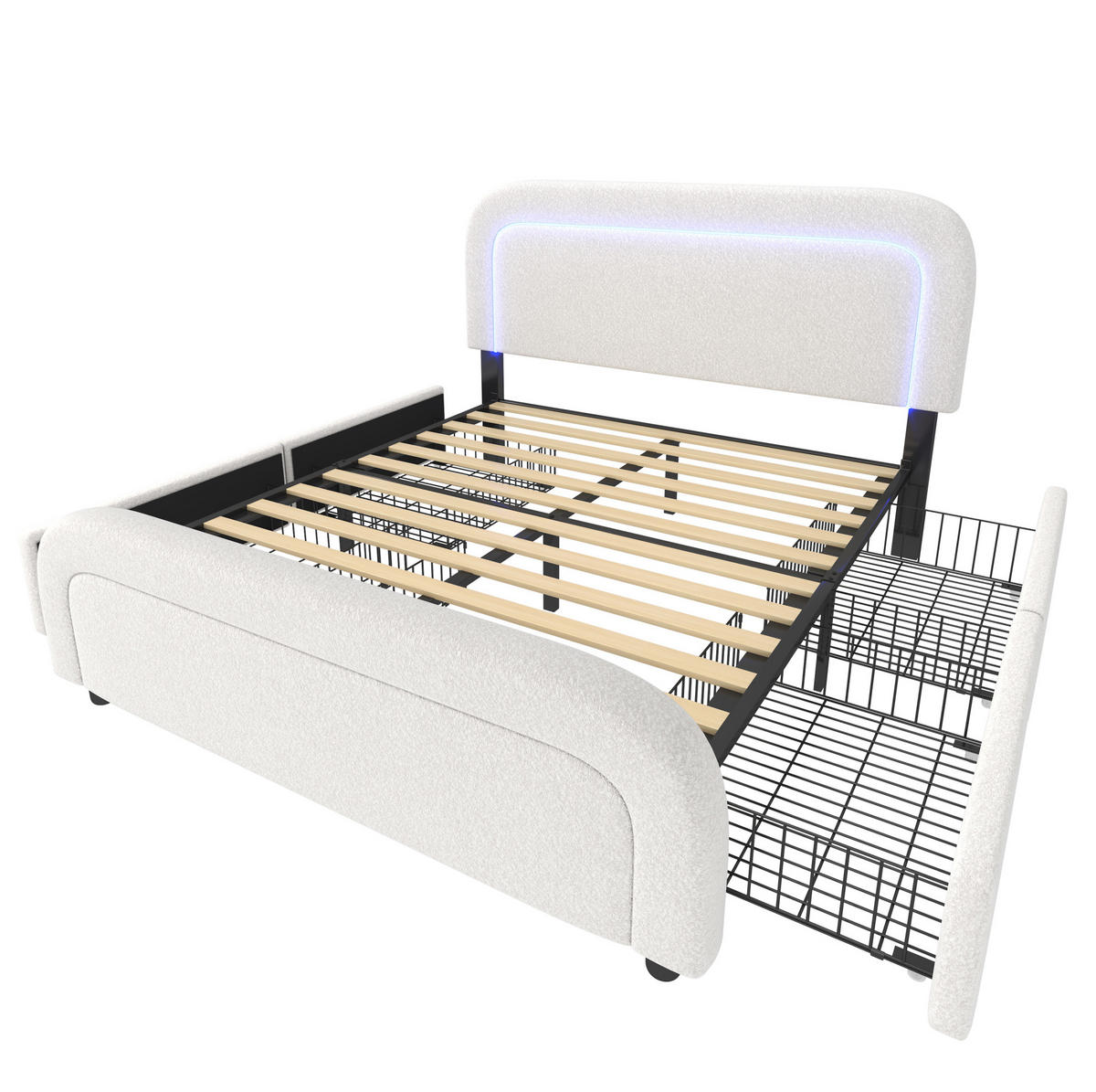 BETT mit LED, USB und 4 Schubladen 160x200 cm Sherpa White inkl. Matratze - Weiß, Metall (160/200cm) - Meubliv