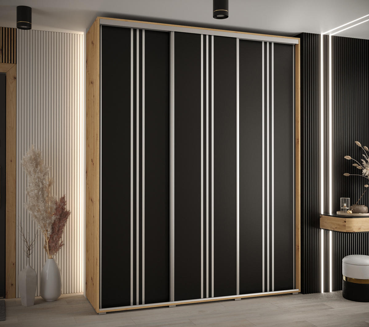 SCHWEBETÜRENSCHRANK 235,2/190/60 3-türig - Silberfarben/Schwarz, Holz/Metall (190/235/60cm) - Abiks Möbel