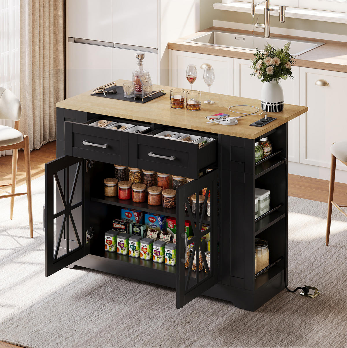 KÜCHENINSEL aus MDF 120x65x92 cm Schwarz/Natur mit Klapptisch, 2 AC-Steckdosen, 2 USB-Anschlüssen und Rollen - Schwarz, Holzwerkstoff (120/92/65cm) - Modfu