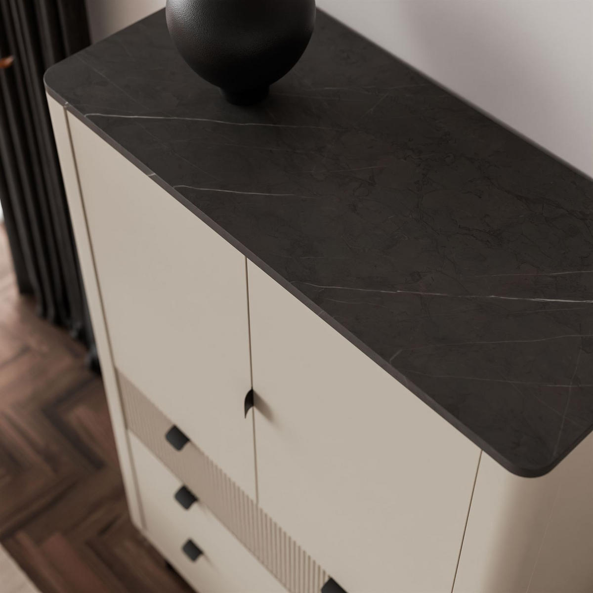 HIGHBOARD mit Schubladen AUTUMN 2D3S mit geriffelter Front, Kaschmir / Grauer Stein - Beige, Holzwerkstoff (90/142/40cm) - Lookway