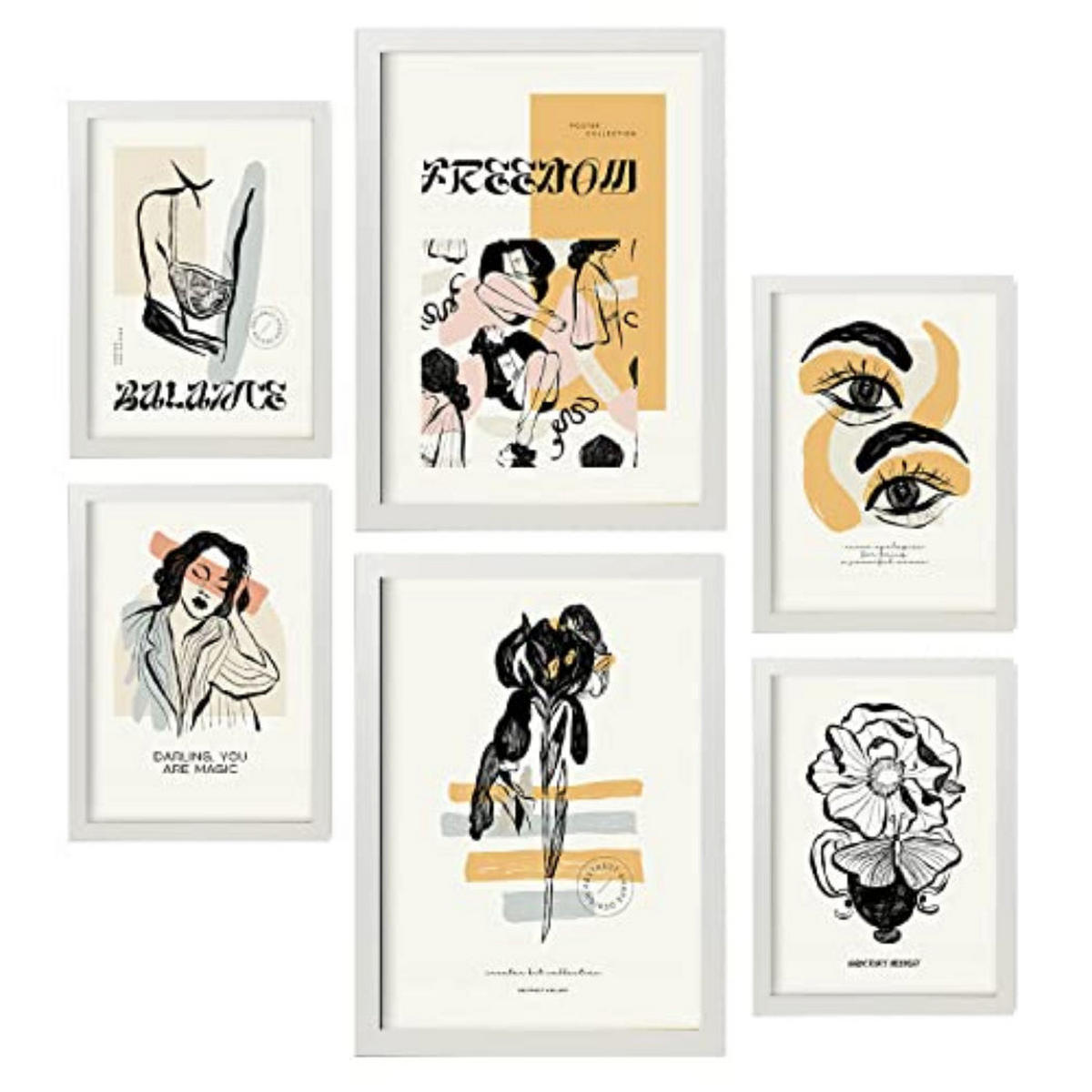 POSTER Set Mit 6 In Schwarzer Tinte Freiheit Kunstdrucke Im Skizzenstil Für Innenarchitektur A3 & A4 Weißer Rahmen - Weiß, Papier (29/3cm) - Nacnic