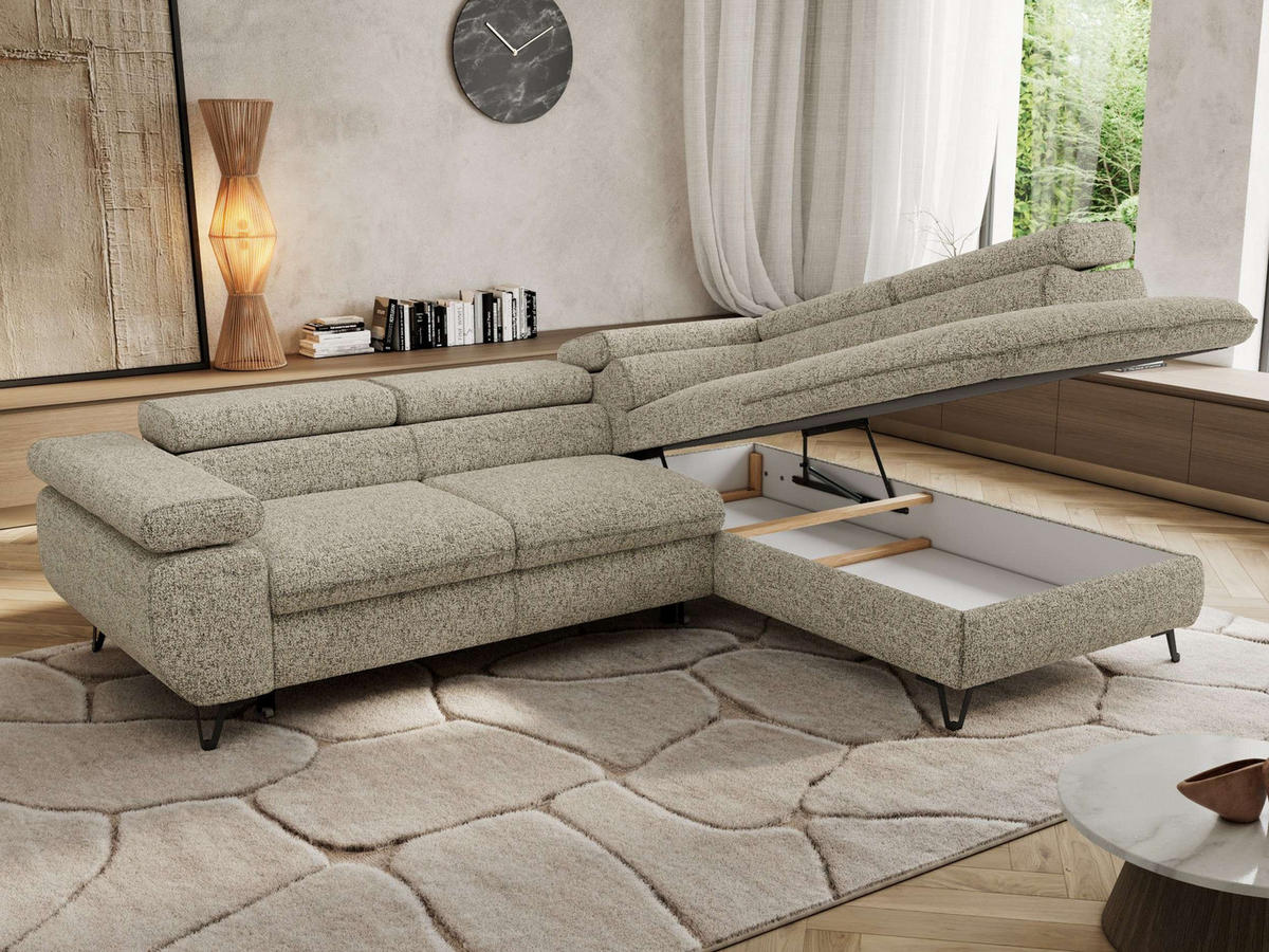 ECKSOFA PABLO L Beige Struktur - Rechts Seite mit Visco Topper - Beige/Schwarz, Textil/Metall (273/208cm) - MKS