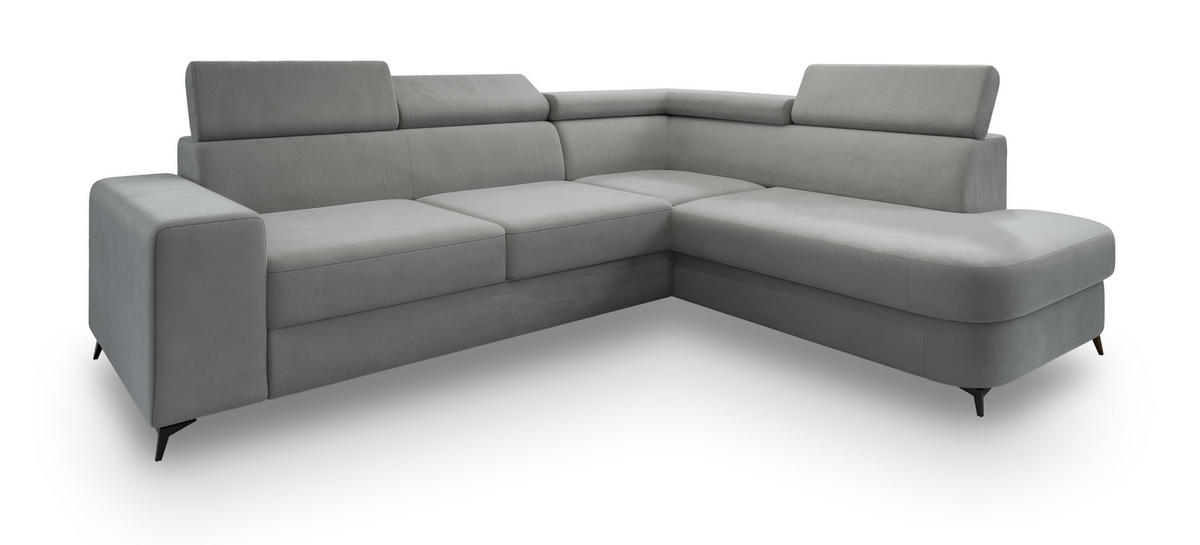 ECKSOFA ALVORO R-S Hellgrau Velours-Stoff mit Schlaffunktion - Hellgrau, Holz (253/190cm) - MASSENO