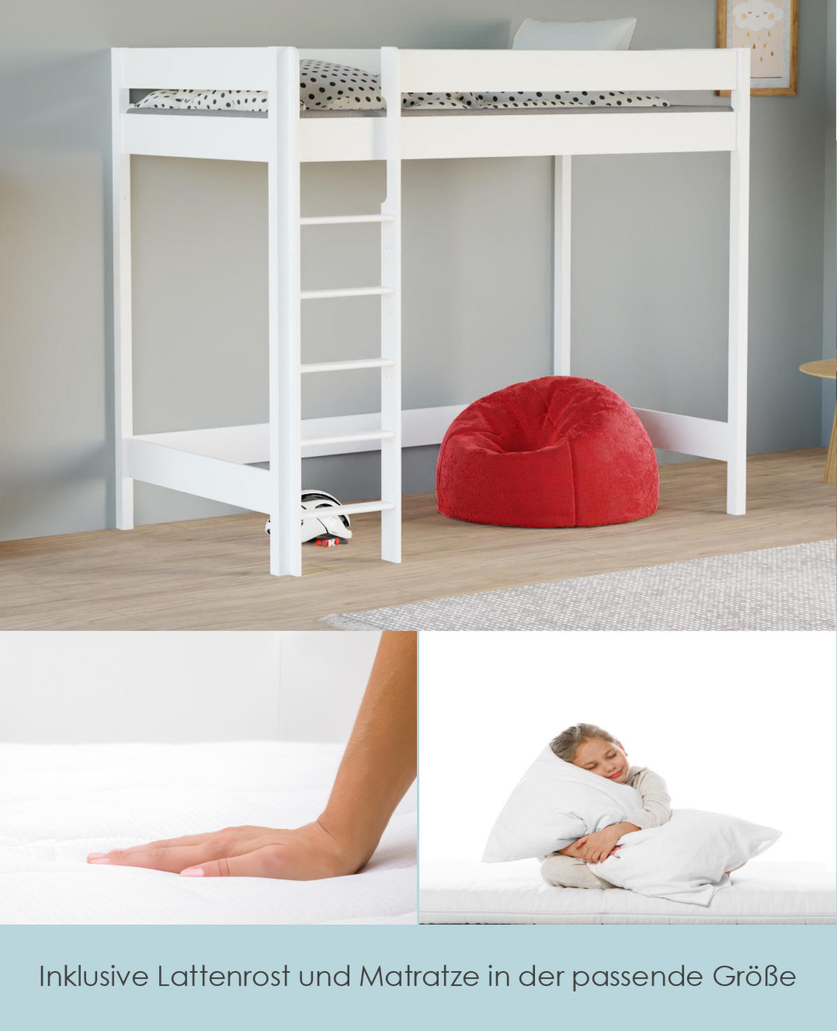 HOCHBETT Hugo 160x80 weiß mit Matratze - Weiß, Holzwerkstoff (80/160cm) - LUKDOM