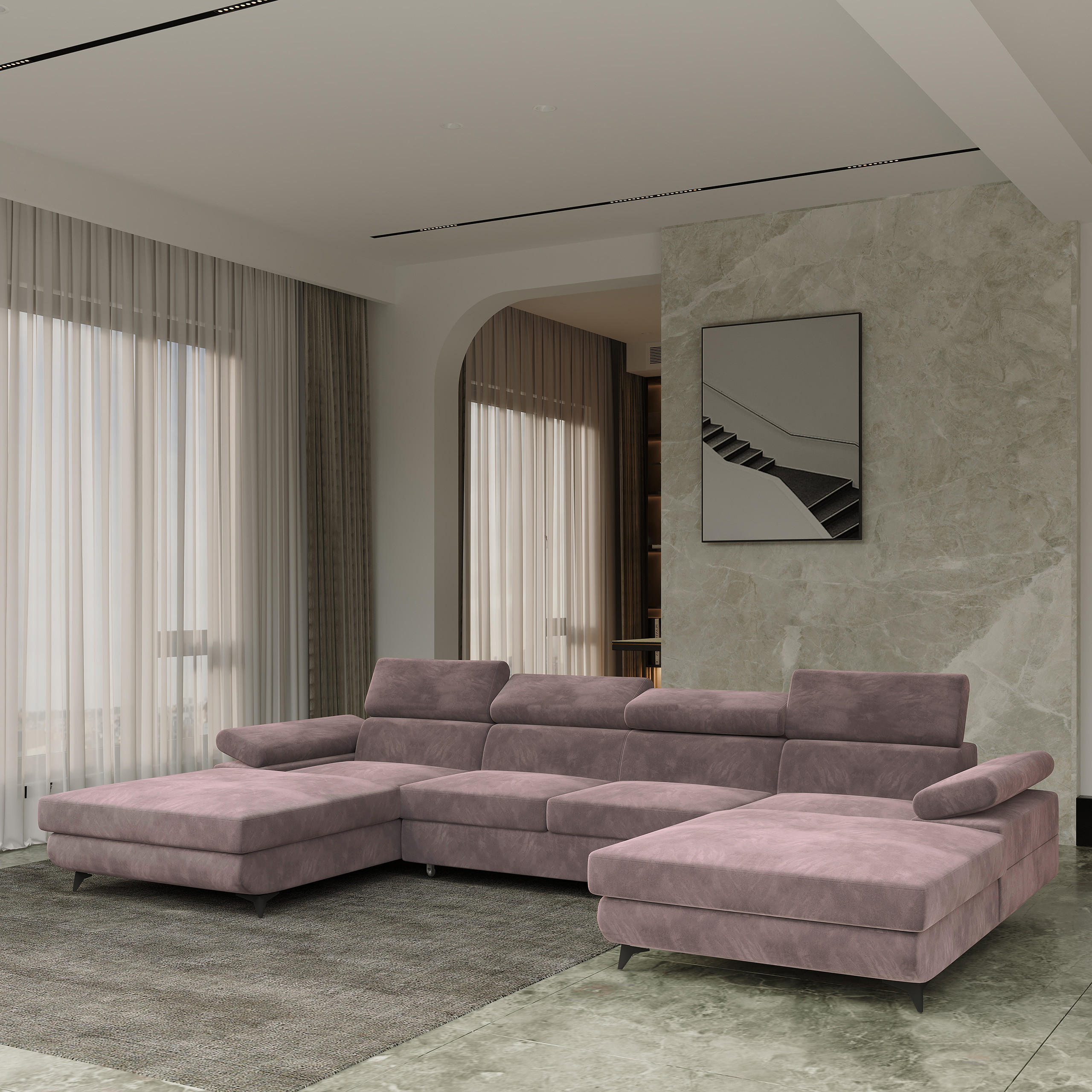 WOHNLANDSCHAFT DETTI Lila Velours-Stoff mit Schlaffunktion - Lila, Holz (339/89/190cm) - MASSENO