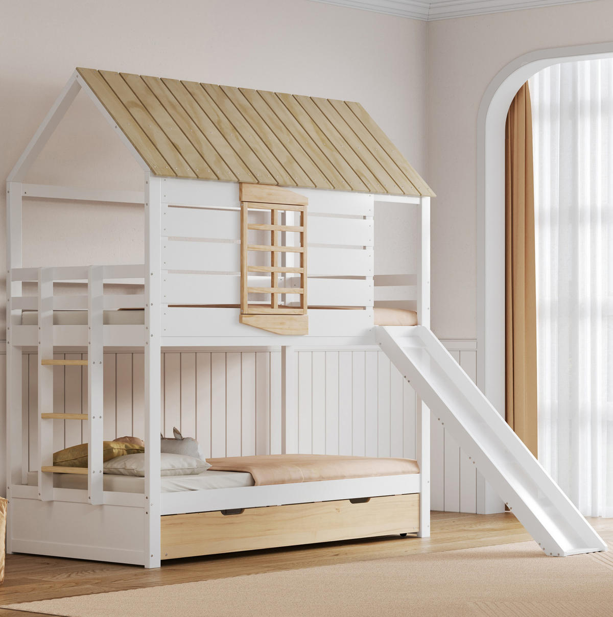 ETAGENBETT aus Kiefer und MDF 90x200 cm Weiß/Natur mit Rutsche, Ausziehbett und Hausdach - Weiß, Holzwerkstoff (90/200cm) - Modfu