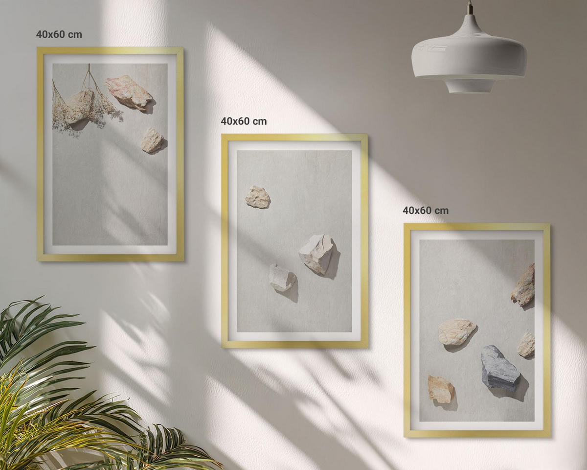 WANDBILDER 3er Set - 40x60 cm Goldrahmen - Boho-Stranddekorationen aus Steinen - Goldfarben, Kunststoff (40/60cm) - ArtPrintCave