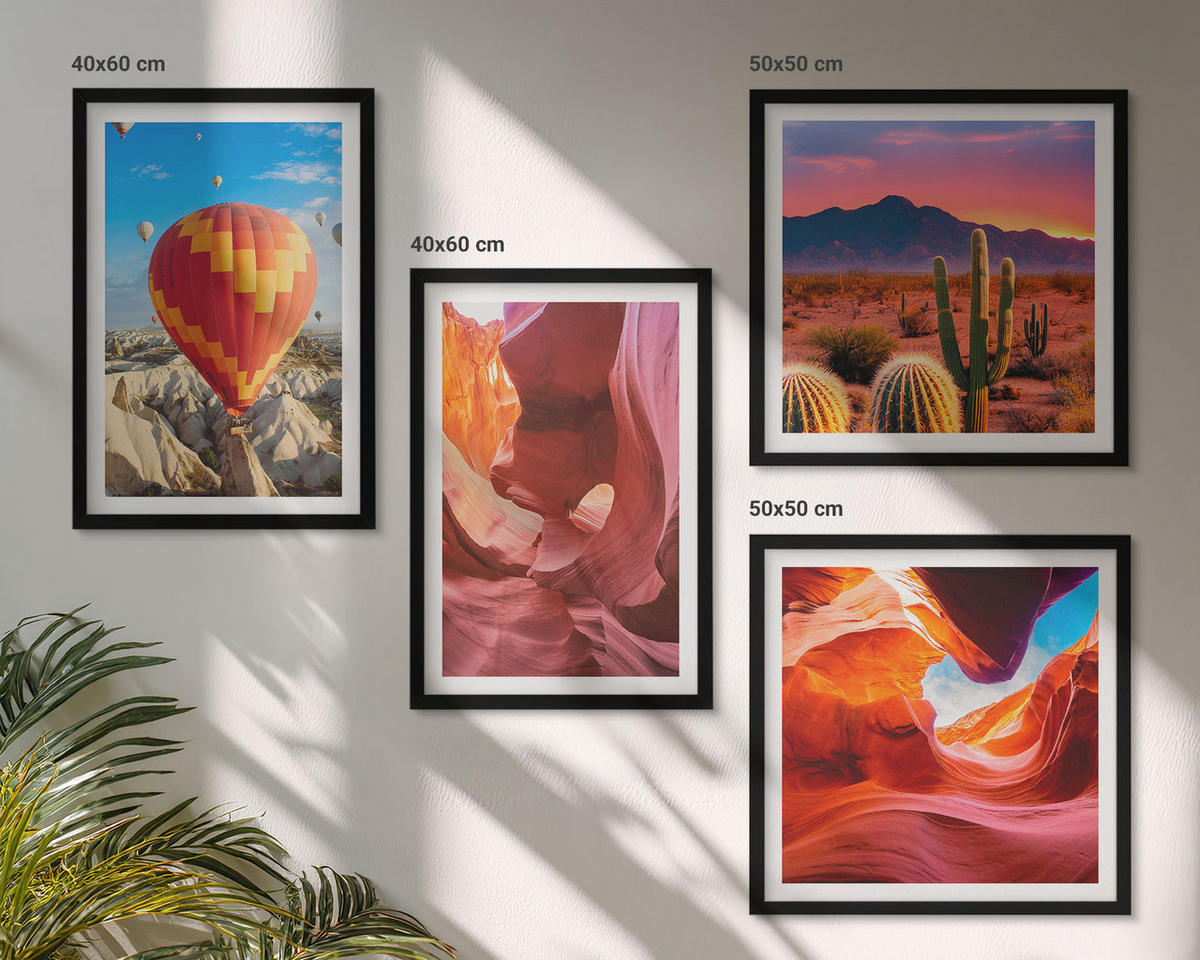 BILDER SET 4er Set - 50x50 cm & 40x60 cm Schwarzer Rahmen - Landschaften von Wüstenschluchten - Schwarz, Kunststoff (50/50cm) - TULUP