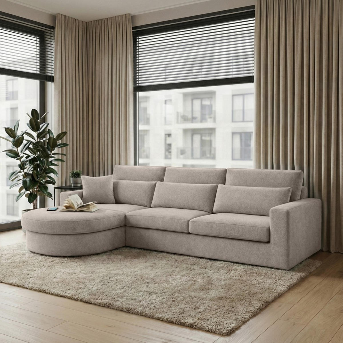 ECKSOFA Pablo ohne Schlaffunktion, mit abgerundeter Ottomane, links, Cappuccino, Velourstoff - Cappuccino, Textil (319/196cm) - Beautysofa