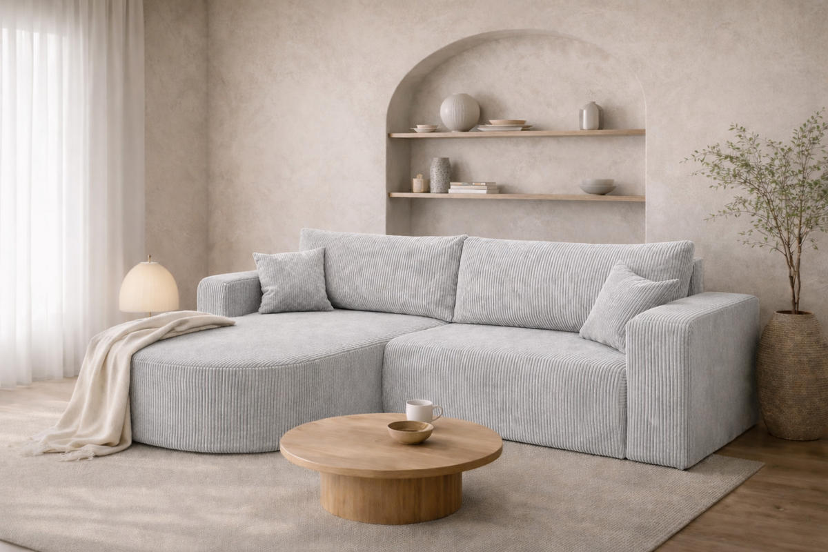 ECKSOFA Mit Schlaffunktion, Cordstoff Poso, Hellgrau, Links, ROUND ONE - Hellgrau, Holz (244/175cm) - Kaiser Möbel