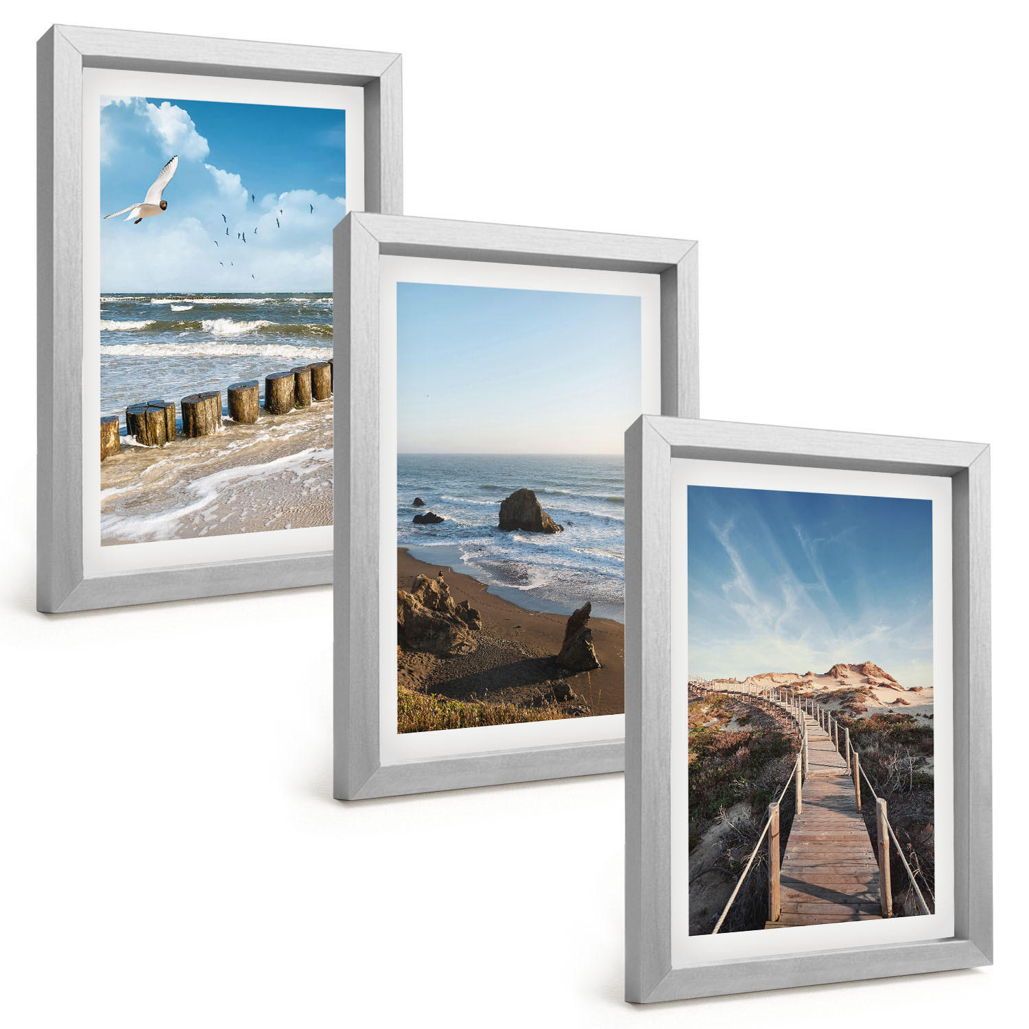 BILDER SET 3er Set - 20x30 cm Silberner Rahmen - Strandwellen, Himmelsbrücke, Spaziergang - Silberfarben, Kunststoff (20/30cm) - TULUP