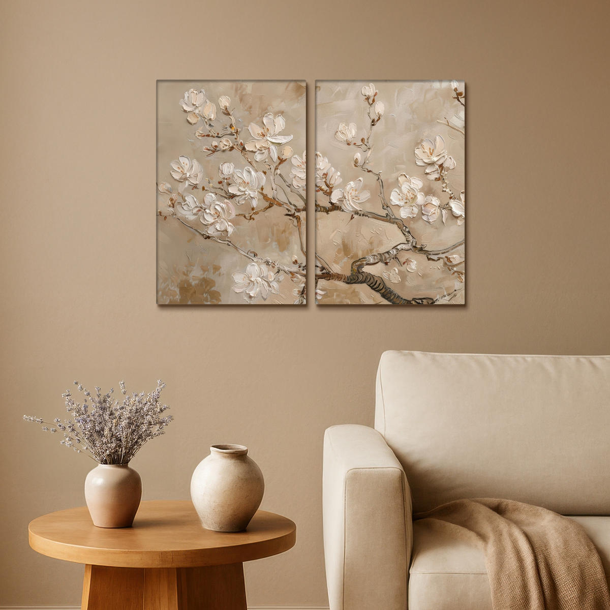 LEINWANDBILD 2er Set Beige - Blüte - Modern 80x60 cm - Greige, Textil (80/60cm) - MuchoWow