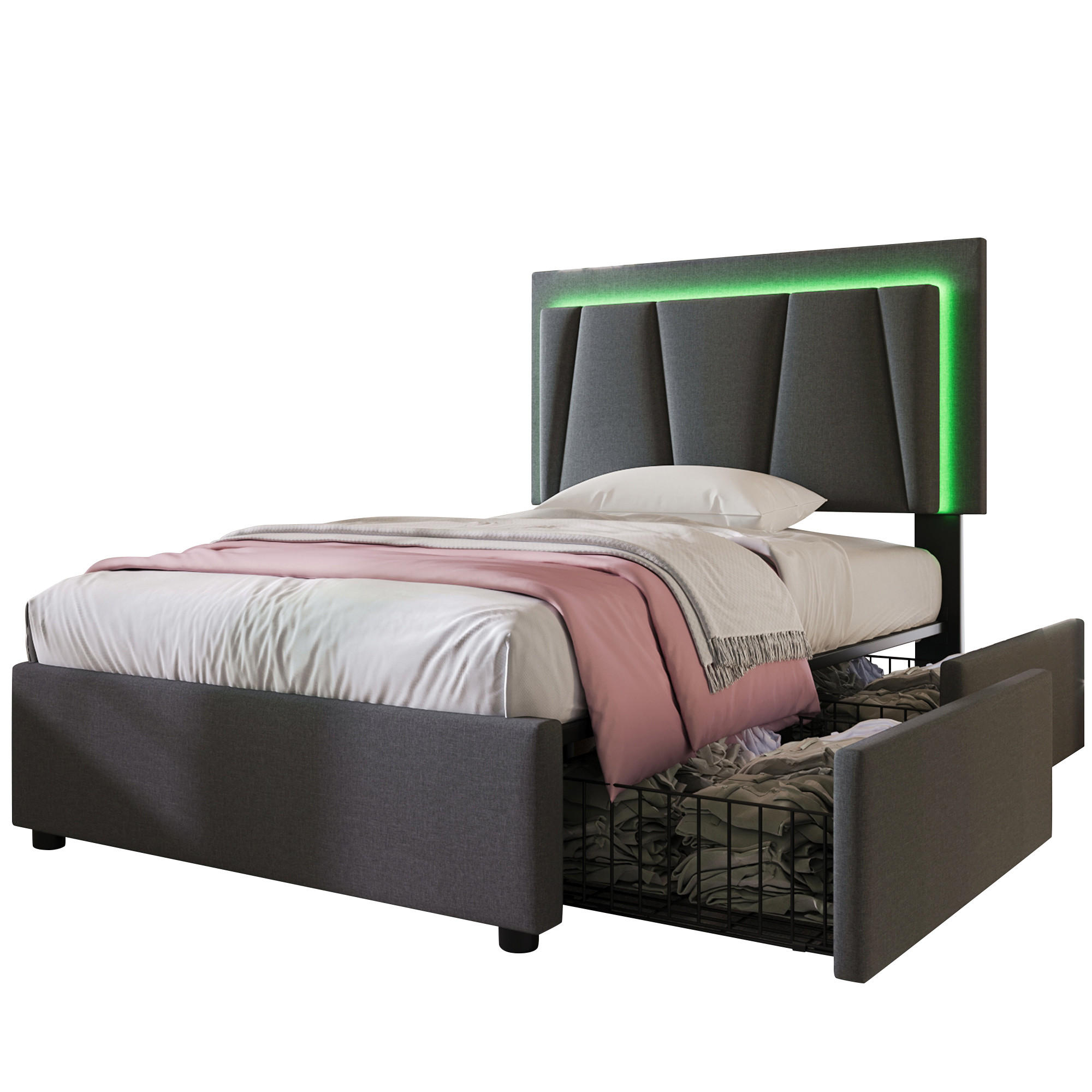 POLSTERBETT 90/200 cm grau mit LED-Beleuchtung und zwei Schubladen - Grau, Holz (90/200cm) - OKWISH