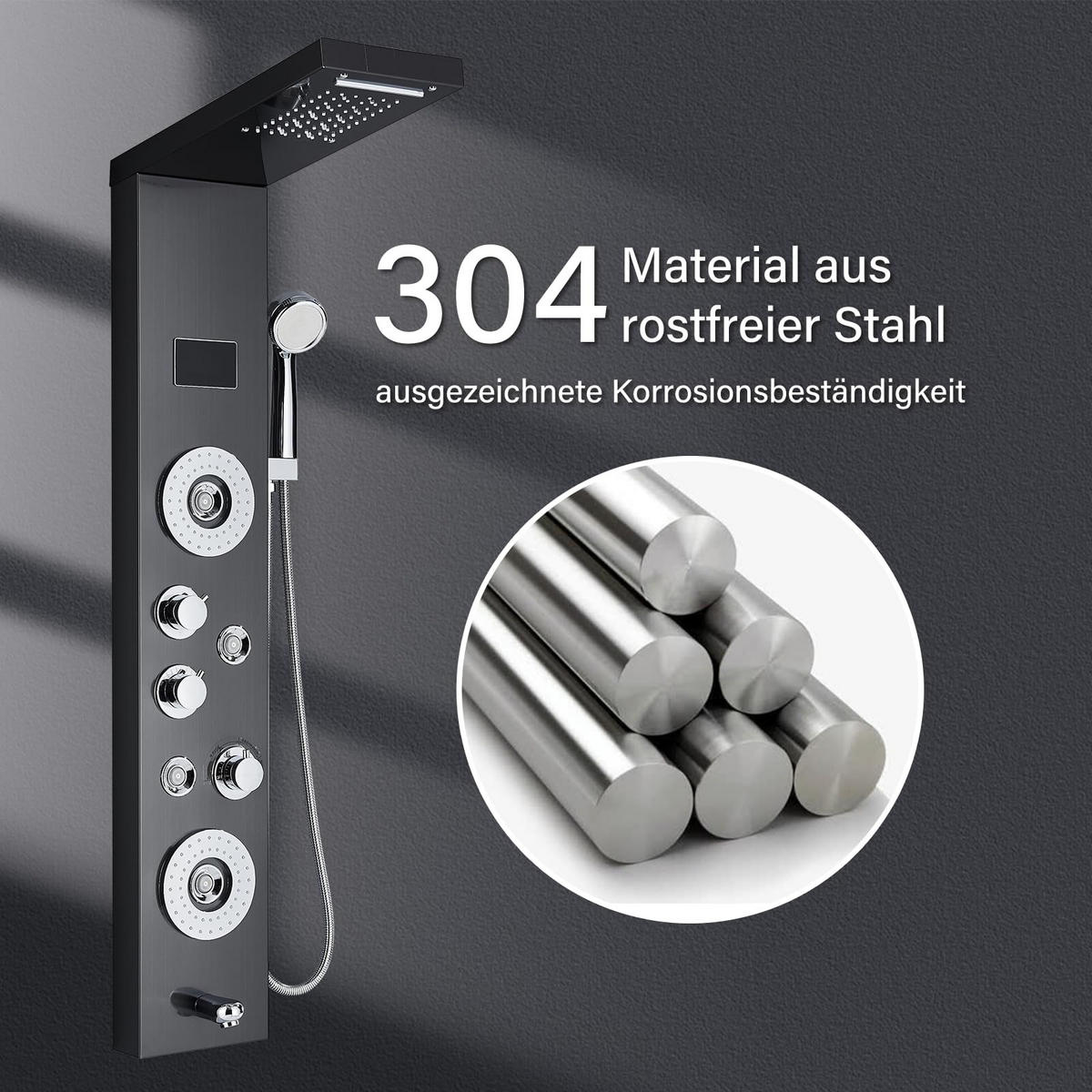 ÜBERKOPFBRAUSESET Schwarz Edelstahl 304 LED Temperaturanzeige - Schwarz, Metall (20/122/46cm) - Kaket