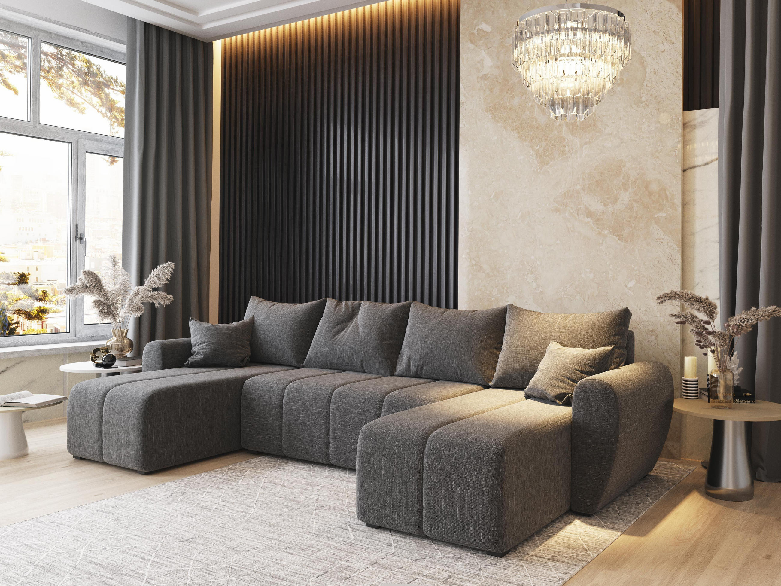 WOHNLANDSCHAFT MADISON U Hellgrau Dünner Stoff mit Schlaffunktion - Hellgrau, Holz (311/82/145cm) - MASSENO