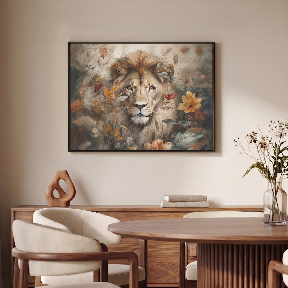 LEINWAND Bilder mit Rahmen - Löwe - Wildtiere - Pflanzen - Natur - Blumen - 70x50 - Beige, Textil (70/50cm) - MuchoWow