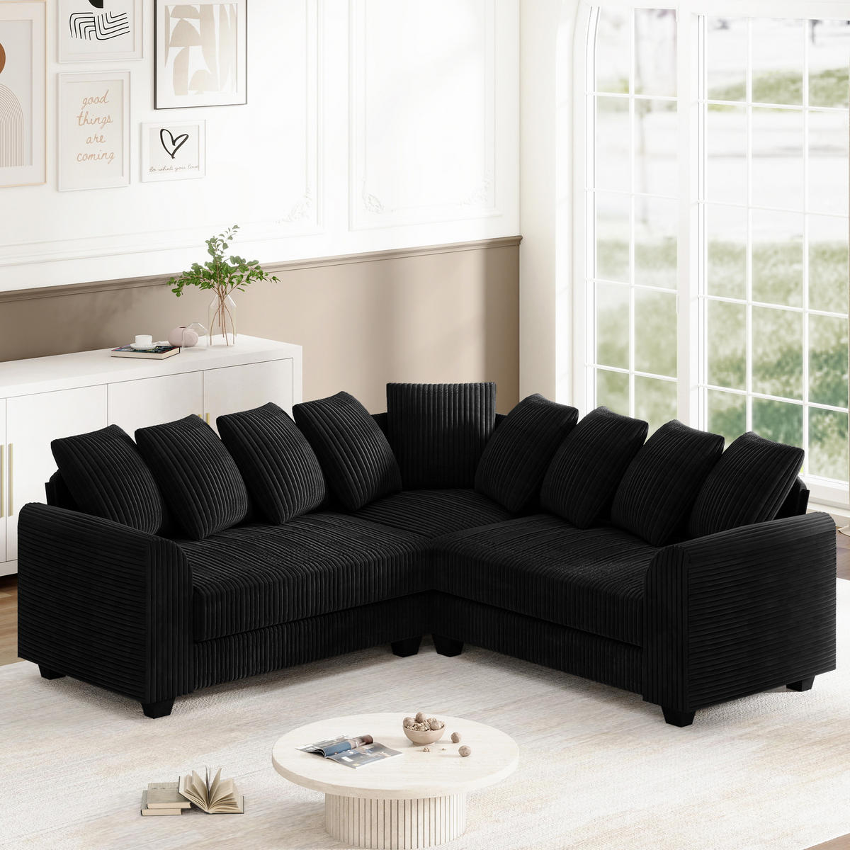 MODULARES L-Ecksofa Cord mit 9 Kissen 202/202/74 cm Schwarz - Schwarz, Textil (202/202cm) - Redom
