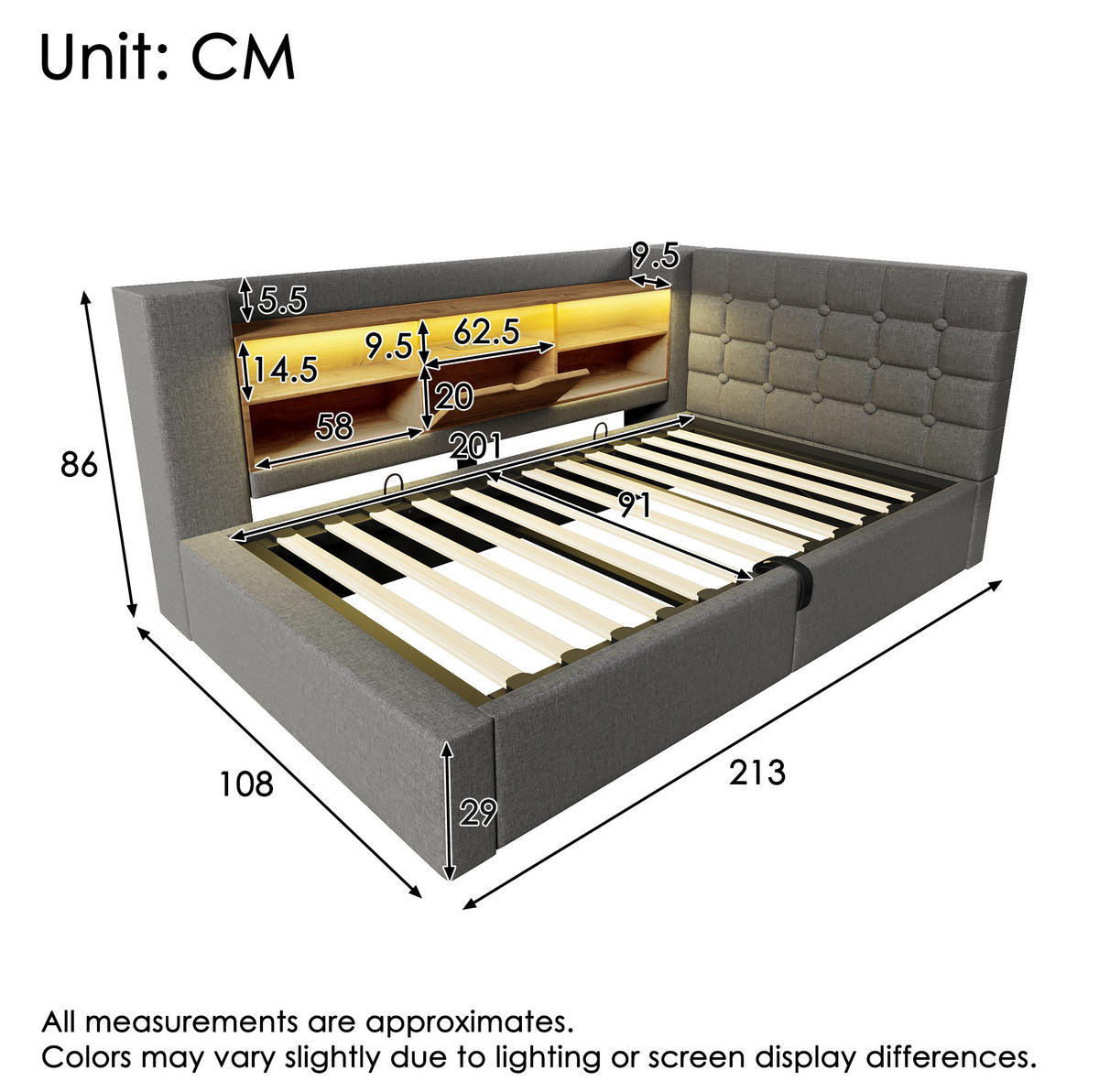 BETT mit Stauraum 90x200 cm Leinen Grau - Grau, Metall (90/200cm) - Meubliv