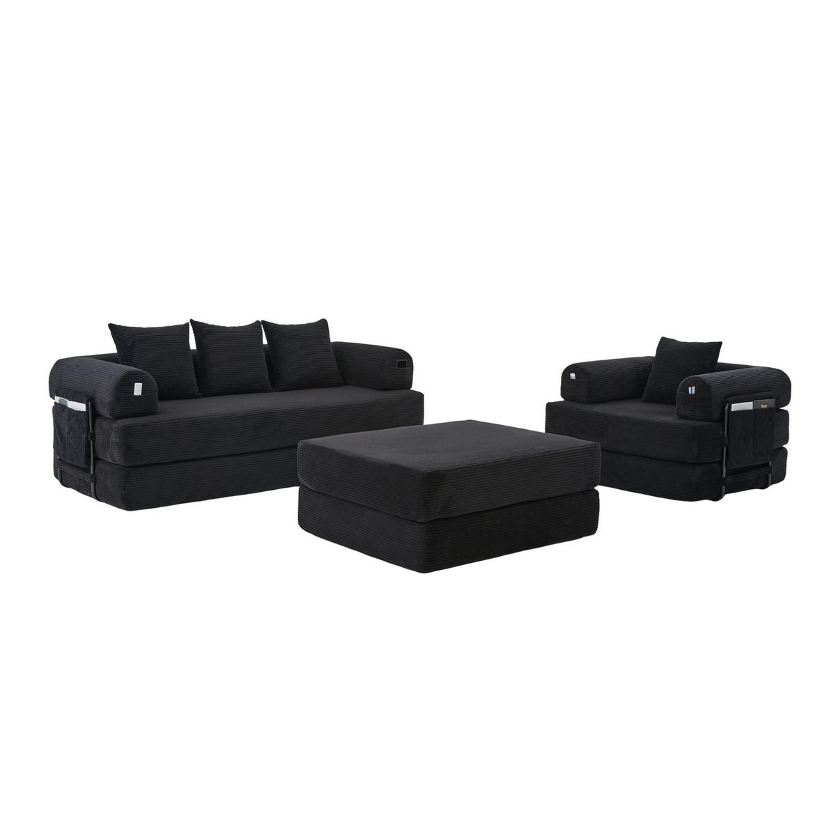 3-SITZER aus Cord 200x94x67 cm Schwarz mit Hocker, Metallgestell, Seitentasche und frei kombinierbaren Modulen - Schwarz, Textil (200/67/190cm) - Modfu