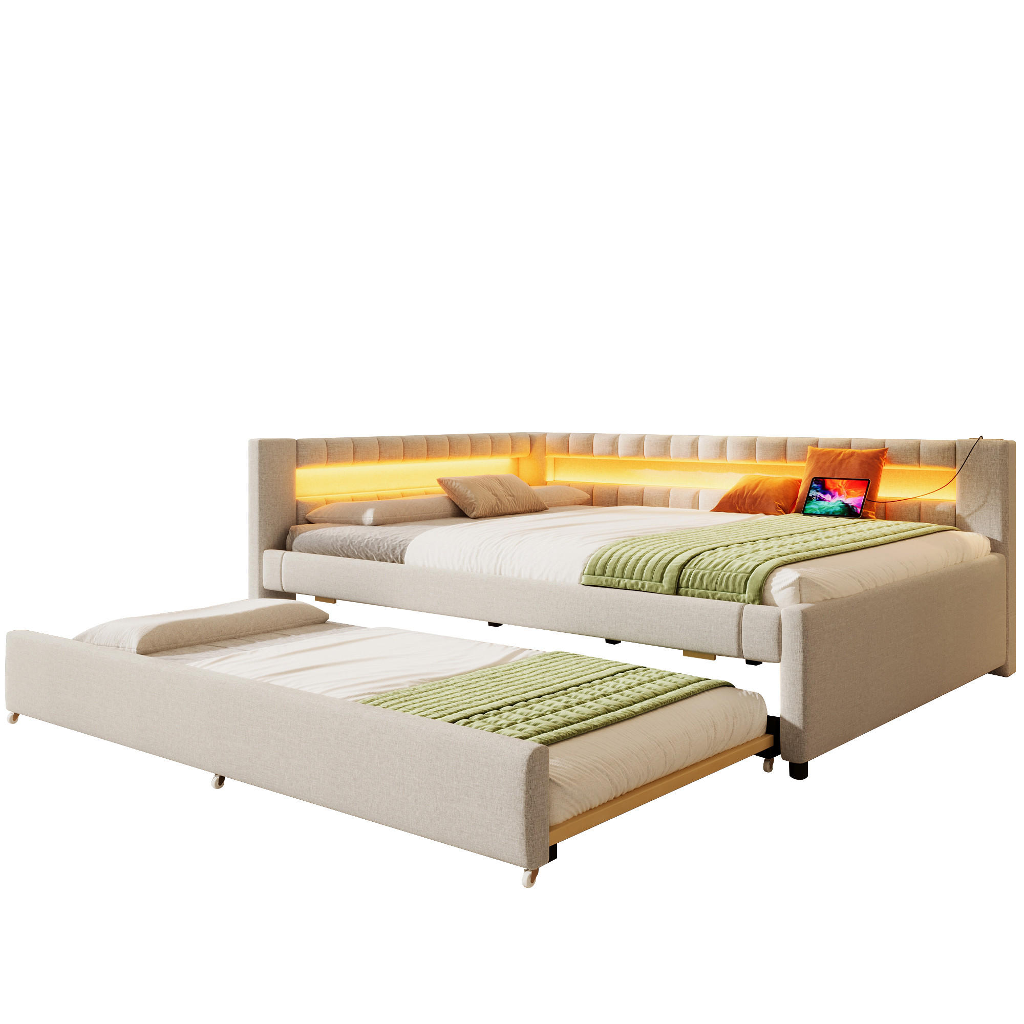 FLIEKS DENNÍ POSTEL 140x200cm LED Rozkládací USB Len Béžová