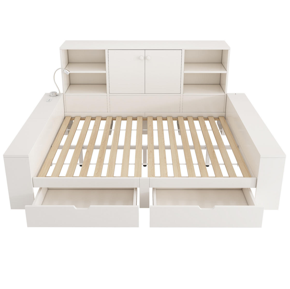 STAURAUMBETT 140/200 cm werkstoff mit USB-/USB-C-Anschlüssen, Leselicht und Schubladen, Weiß - Weiß, Holzwerkstoff (140/200cm) - Redom