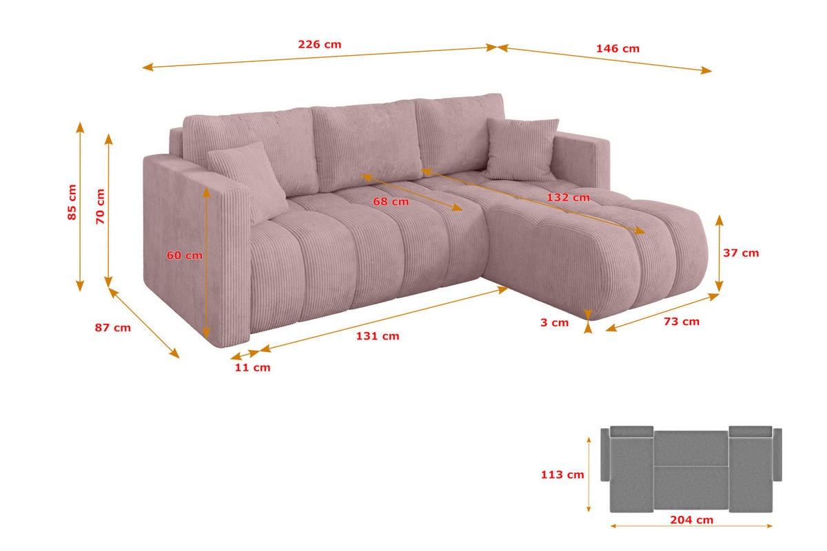 ROHOVÁ SEDAČKA s funkcí spaní, otoman vpravo GARD-L 226x146x85 růžová manšestr - růžová/černá, kompozitní dřevo/textil (226/146cm) - ALTDECOR