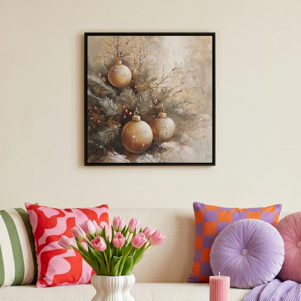 LEINWAND Bilder mit Rahmen - Weihnachten - Kugeln - Beige - Gold - 50x50 - Goldfarben, Textil (50/50cm) - MuchoWow