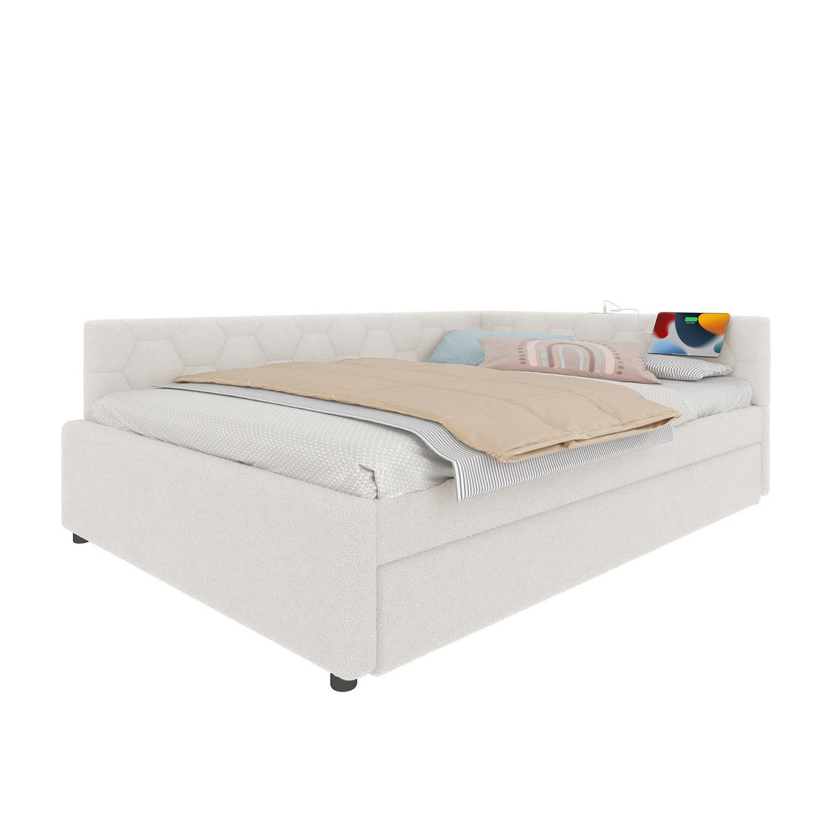 DAYBETT 140/200 cm Weiß mit Ausziehbett und USB-Anschluss aus Vliesimitat - Weiß, Textil (140/200cm) - OKWISH