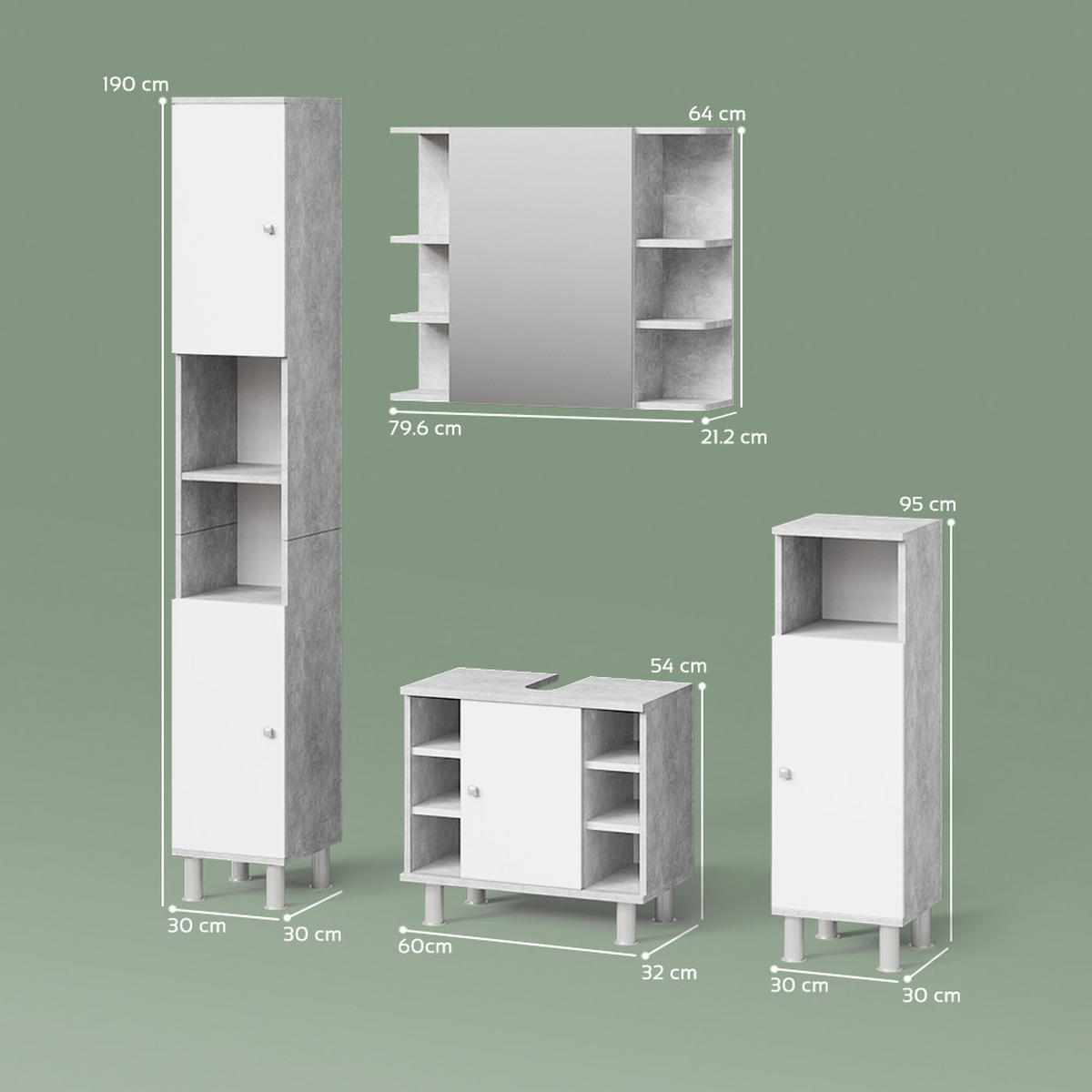BADMÖBEL-SET Fucino Beton 4 Teile - Weiß/Grau, Holzwerkstoff (60/54/32cm) - Livinity®