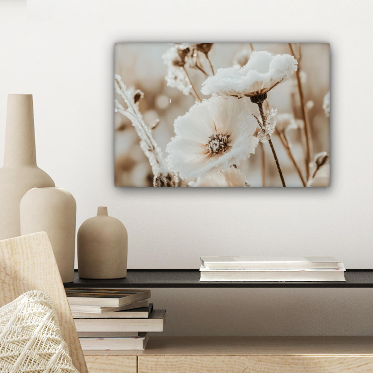 LEINWANDBILD Blumen - Winter - Weiß - Schnee - Beige Deko Schlafzimmer 30x20 cm - Creme, Textil (30/20cm) - MuchoWow