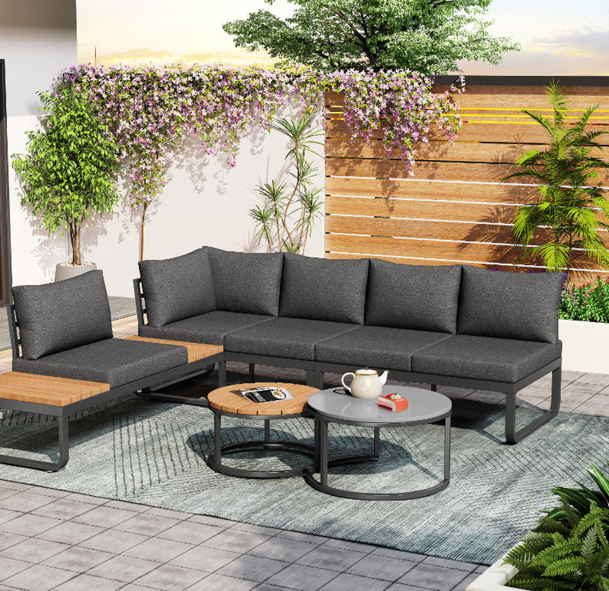 GARTENMÖBEL,4-5 Sitzplätze,2 stapelbare Couchtische,grau - Grau, Metall - Vallsero