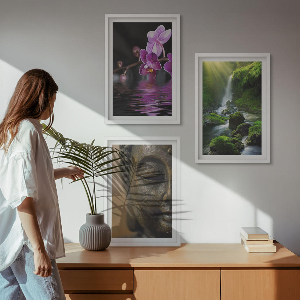 WANDBILDER 3er-Set - 40x60 cm Weißer Rahmen - Blumen, Wasserfall, Buddha-Felsen, Zen - Weiß, Kunststoff (40/60cm) - ArtPrintCave