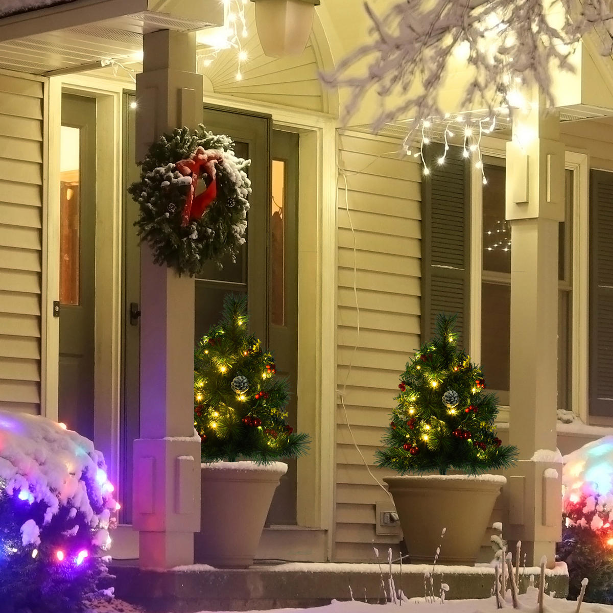 2-ER Set Weihnachtsbäume Mini Künstlicher Christbaum mit rote Beere LED IP44 - Grün, Kunststoff (75cm) - HOMCOM