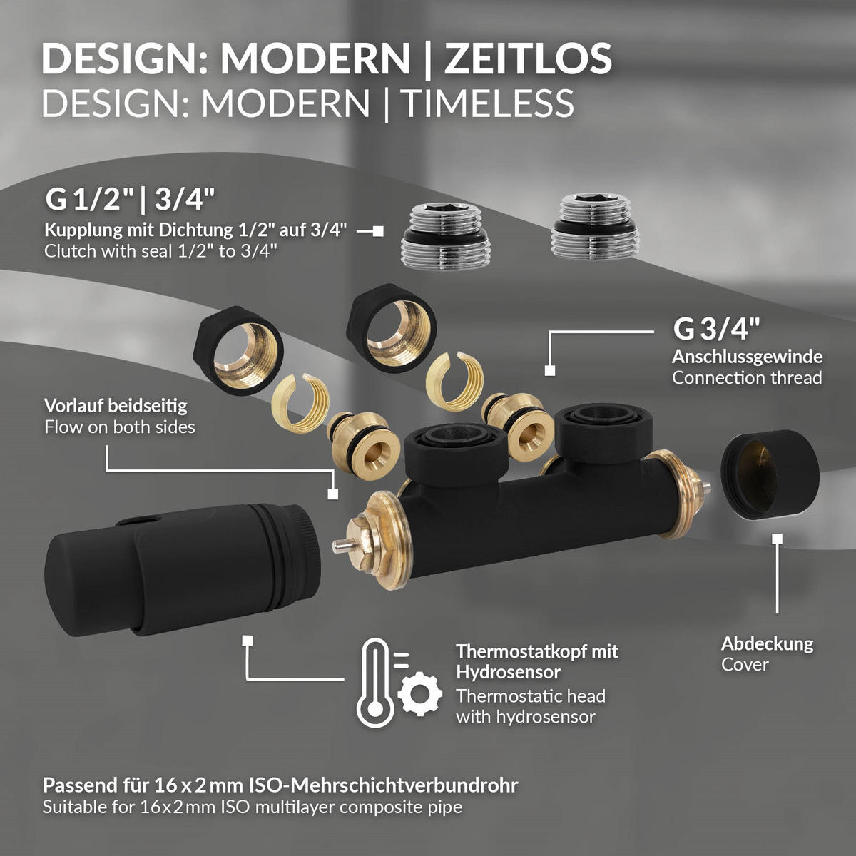 ANSCHLUSSGARNITUR Badheizkörper Schwarz - Schwarz, Metall - LuxeBath