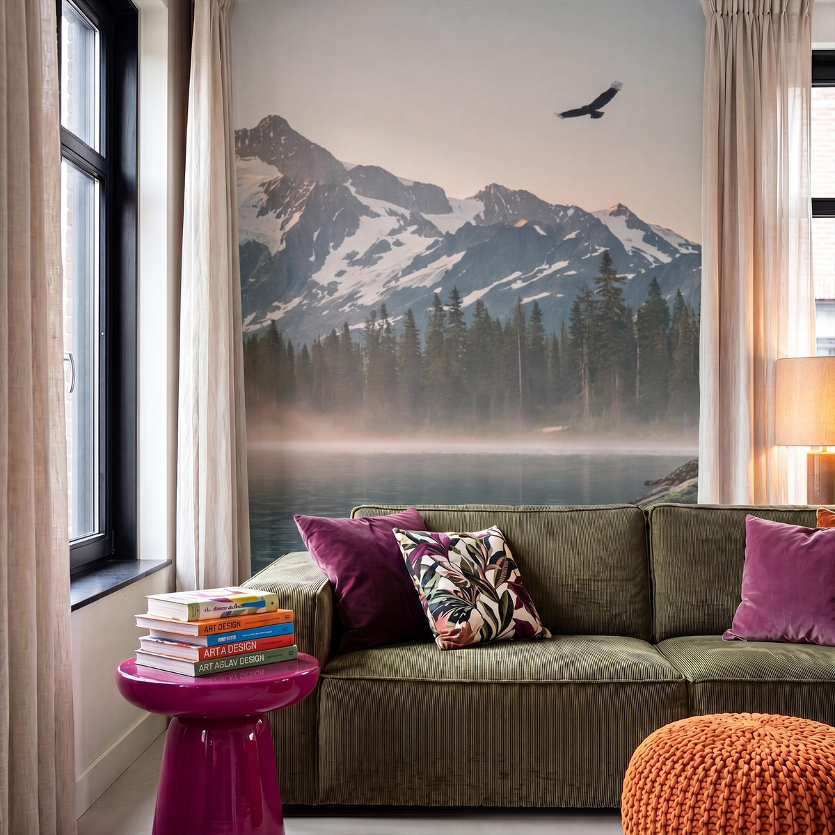TAPETE - Berge - Wasser - Bäume - 140x220 cm - Multicolor, Papier (140/220cm) - OnlyWow
