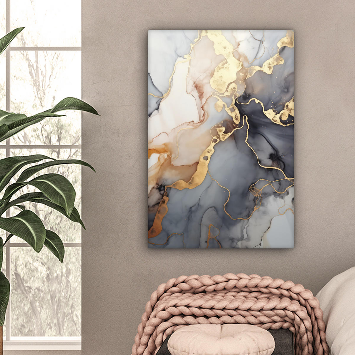 LEINWANDBILD Marmor - Schwarz - Gold - Weiß Wanddeko Schlafzimmer 60x90 cm - Dunkelgrau, Textil (60/90cm) - MuchoWow