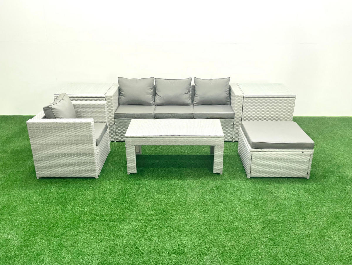 BALKONMÖBEL-SET Polyrattan Hellgrau-Mix 5-teilig - Hellgrau/Grau, Glas/Kunststoff - Fimous