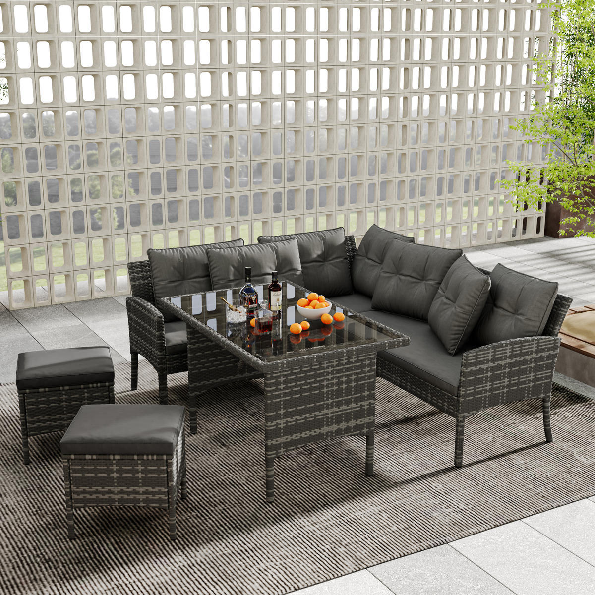 RATTAN Sitzgruppe Gartenlounge für 7 Personen mit Sofa Tisch Hocker Kissen Bezüge abnehmbar und waschbar Grau - Grau, Metall - FLIEKS
