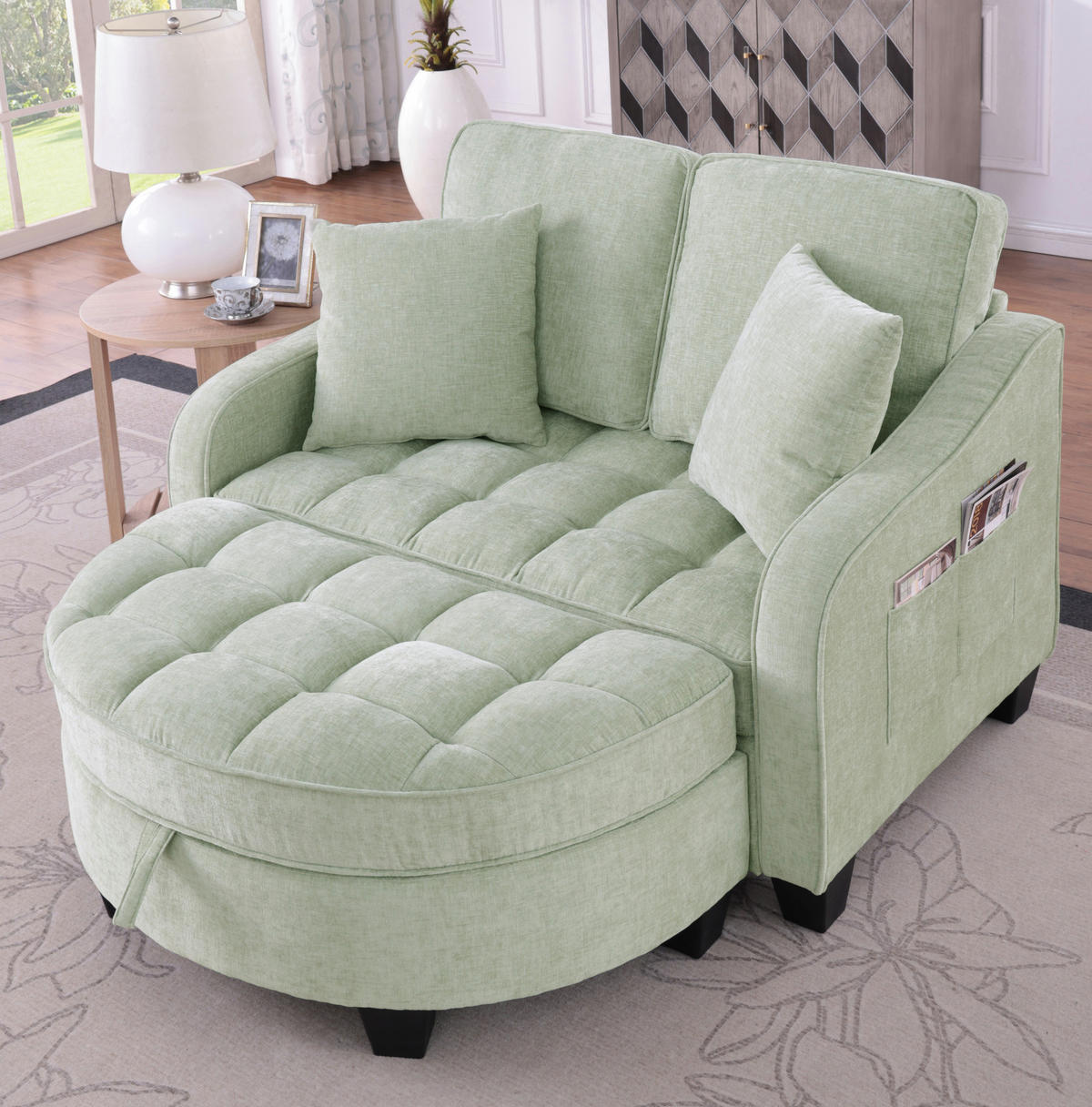 RÉCAMIERE 2-in-1 mit Hocker 132 x 129 x 93 cm Eukalyptusholz Cyan - Hellblau, Holzwerkstoff (129/93/132cm) - Meubliv