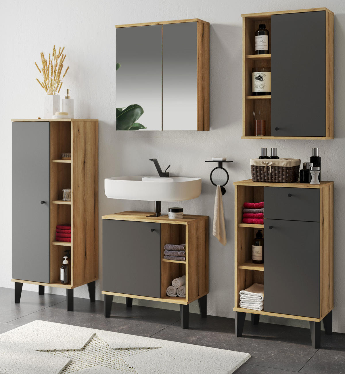 BADMÖBEL-SET 5-teilig grau, Evoke Eiche, Badkombination, 182 x 190 cm - Eichefarben/Grau, Glas/Holzwerkstoff (182/190/33cm) - Furn.Design