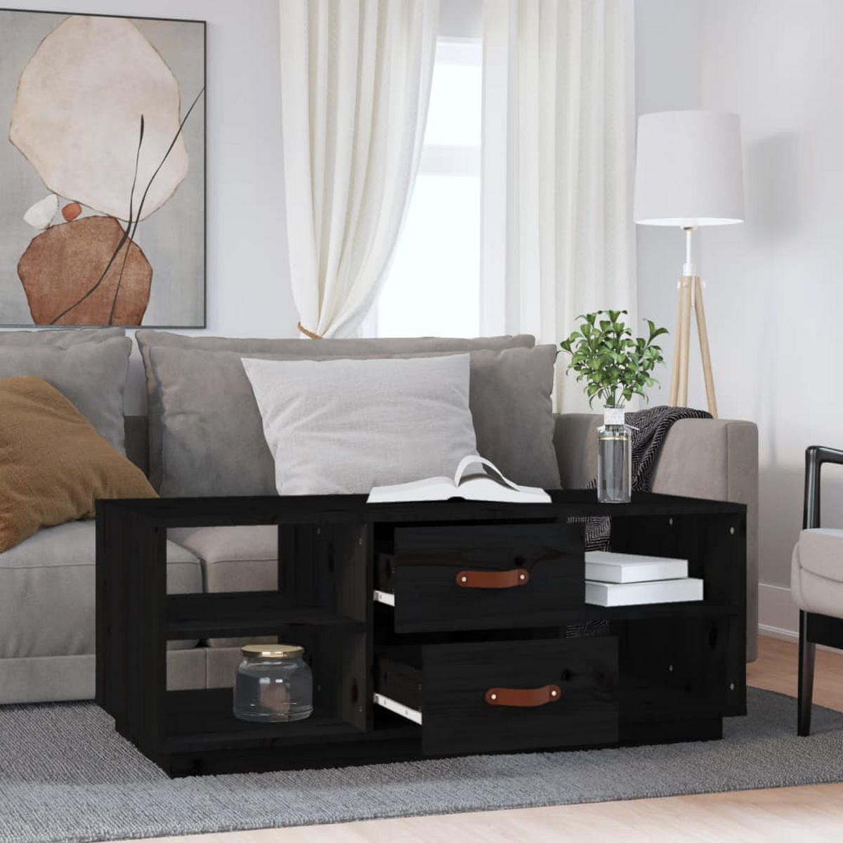 COUCHTISCH Schwarz 100x50x41 cm Massivholz Kiefer - Schwarz, Holz (100/50/41cm) - furnicato