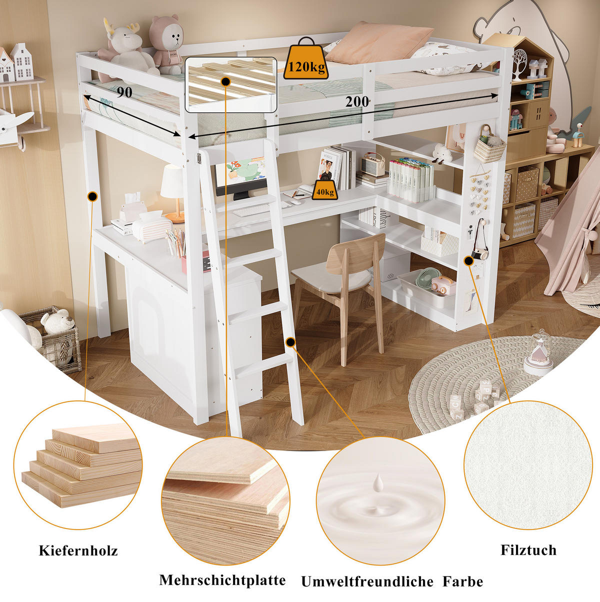 HOCHBETT 90/200 cm mit Ablageregal, Filztuch, Ecktischplatte und Sicherheitsgeländer, Weiß - Weiß, Holzwerkstoff (90/200cm) - Redom