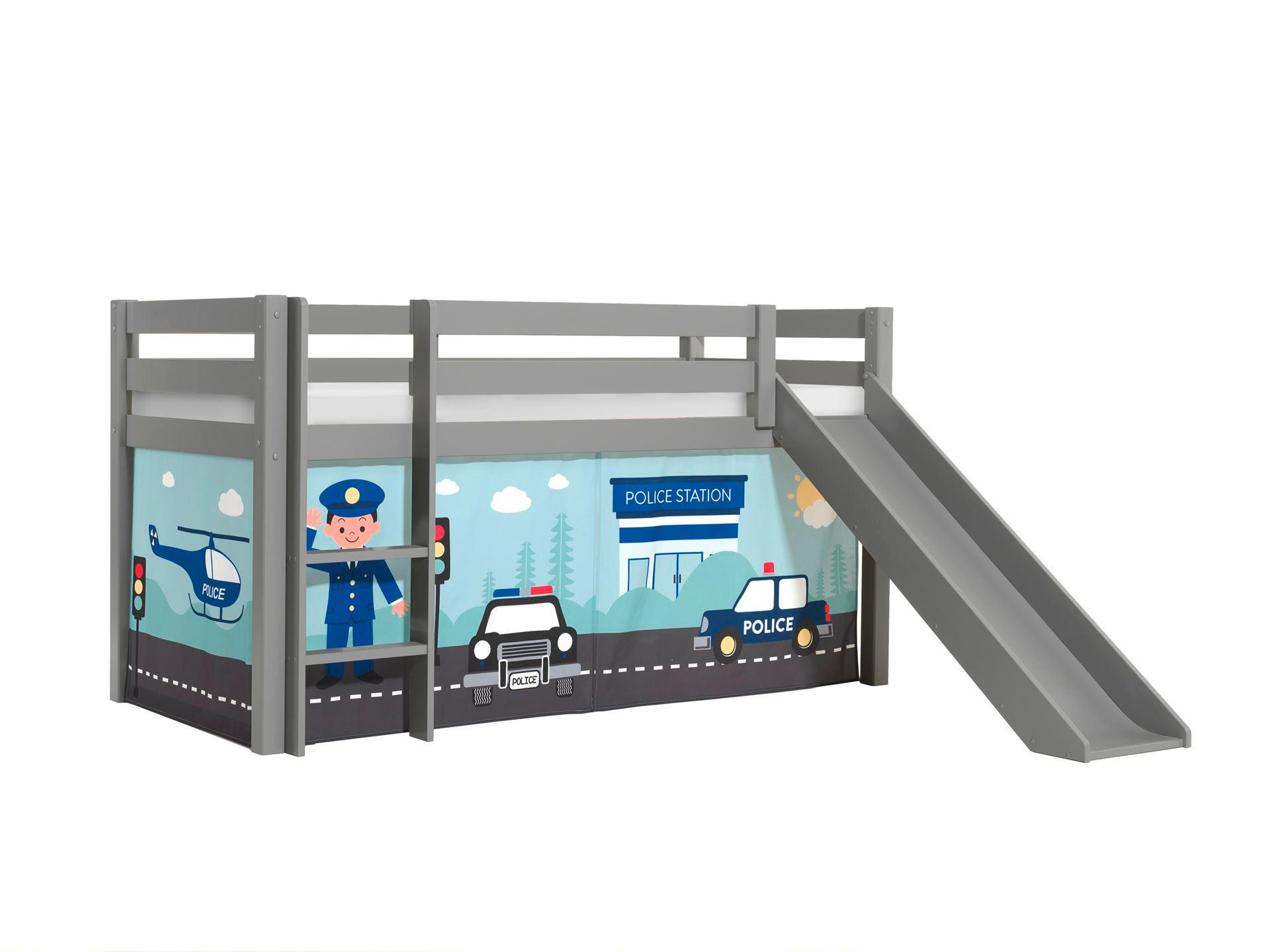HOCHBETT mit Rutsche Karolina Massivholz Grau Textilset Polizei - Grau/Hellblau, Holz (90/200cm) - 58aufmkessel
