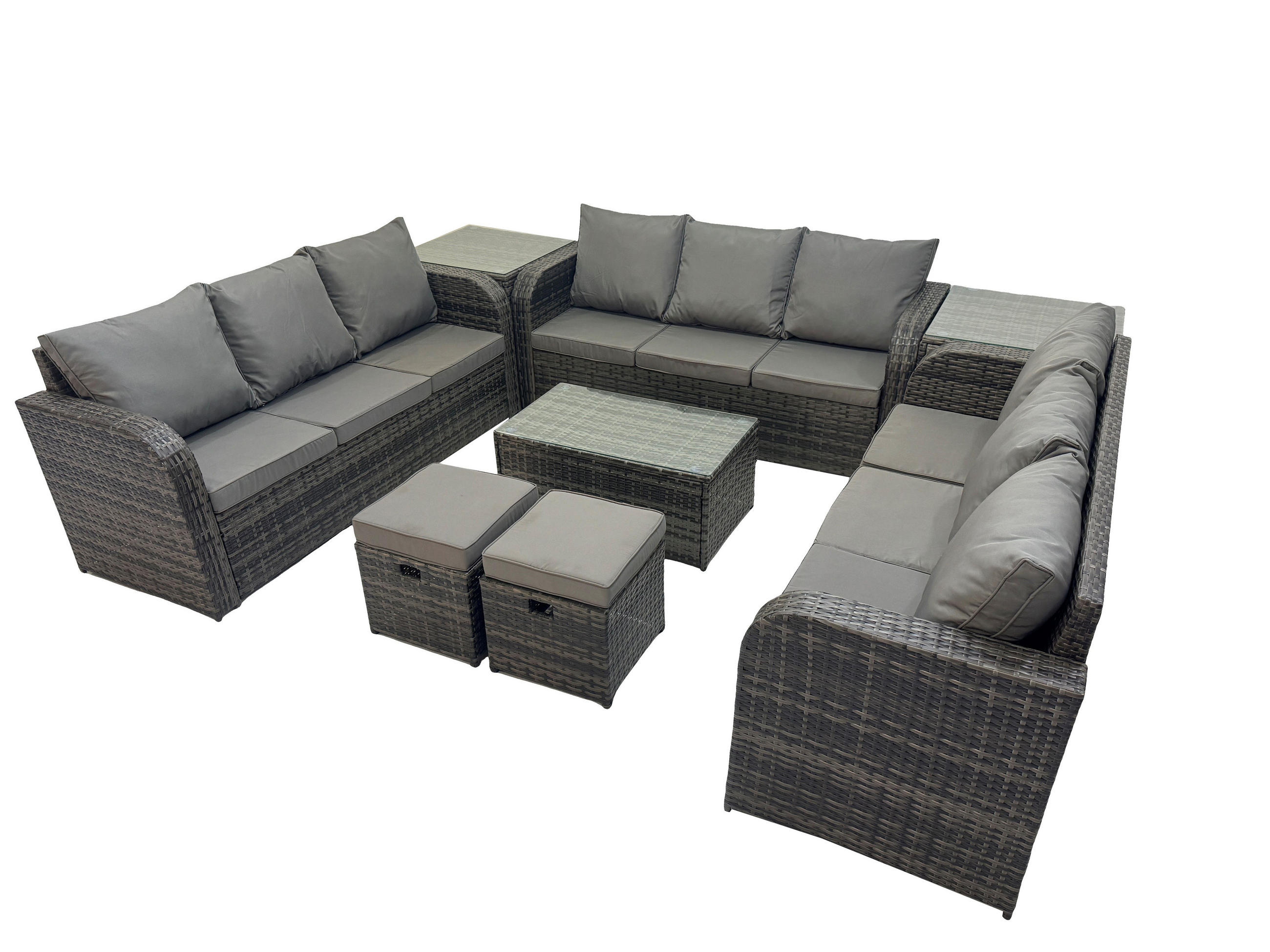 GARTENMÖBELGARNITUR mit KISSEN Polyrattan Dunkelgrau 11-Sitzer - Dunkelgrau/Grau, Glas/Kunststoff - Fimous