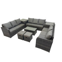 GARTENMÖBELGARNITUR mit KISSEN Polyrattan Dunkelgrau 11-Sitzer - Dunkelgrau/Grau, Glas/Kunststoff - Fimous