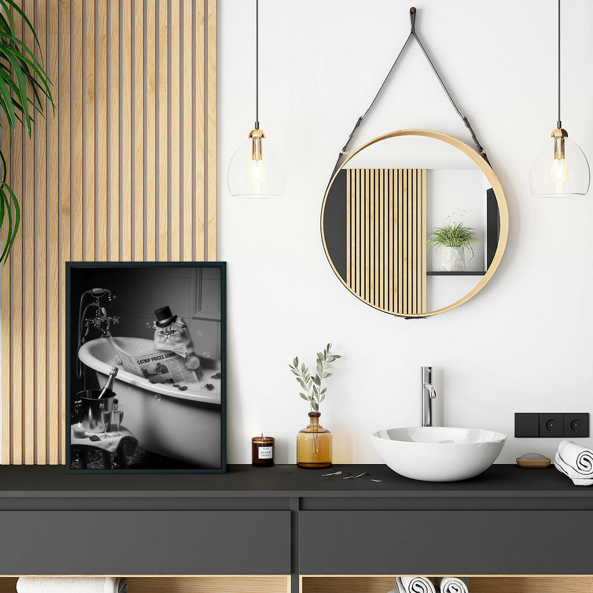 POSTER für Badezimmer WC KATZE in Badewanne Zeitung Abstraktion 20x30cm - Schwarz/Weiß, Papier (20/30/1cm) - Muralo