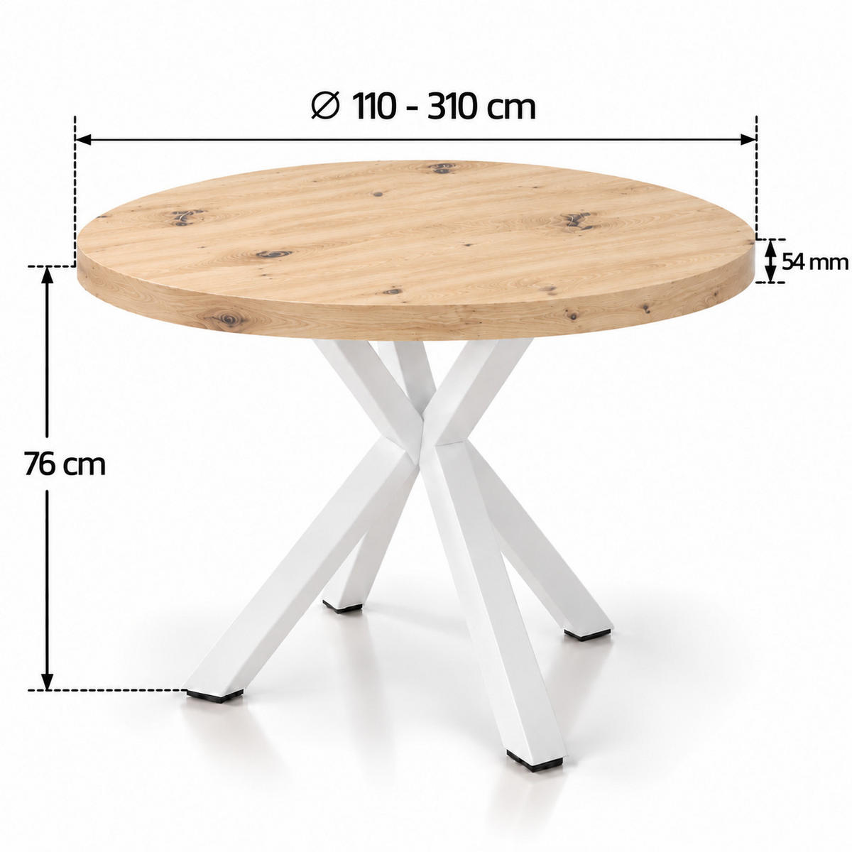 ESSTISCH rund ausziehbar 110-310/110/76 cm, Hellbraun Artisan Egger, 54 cm Tischplatte + X Metallbeine Weiß - Weiß/Eiche Artisan, Holzwerkstoff/Metall (110/110/76cm) - Damale Möbel