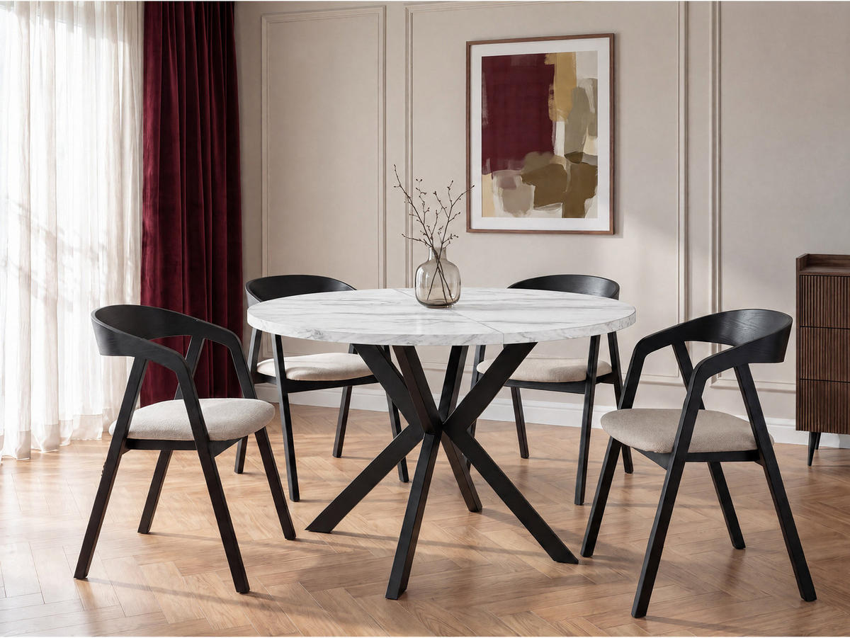 ESSTISCH Valeo runder ausziehbarer, Marmor Weiß 120-200/120/76 cm - Ecru/Schwarz, Holzwerkstoff/Metall (120/200/76cm) - WFL GROUP