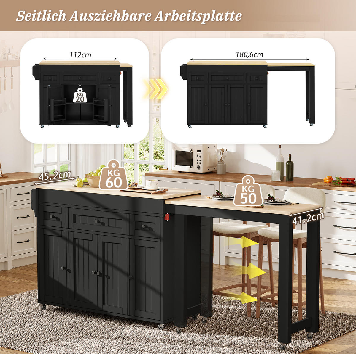 KÜCHENINSEL mit ausziehbarer Arbeitsplatte 137-190,6 x 45,2 x 92 cm Schwarz/Natur - Schwarz, Holz (45.2/92/137cm) - Beauniv