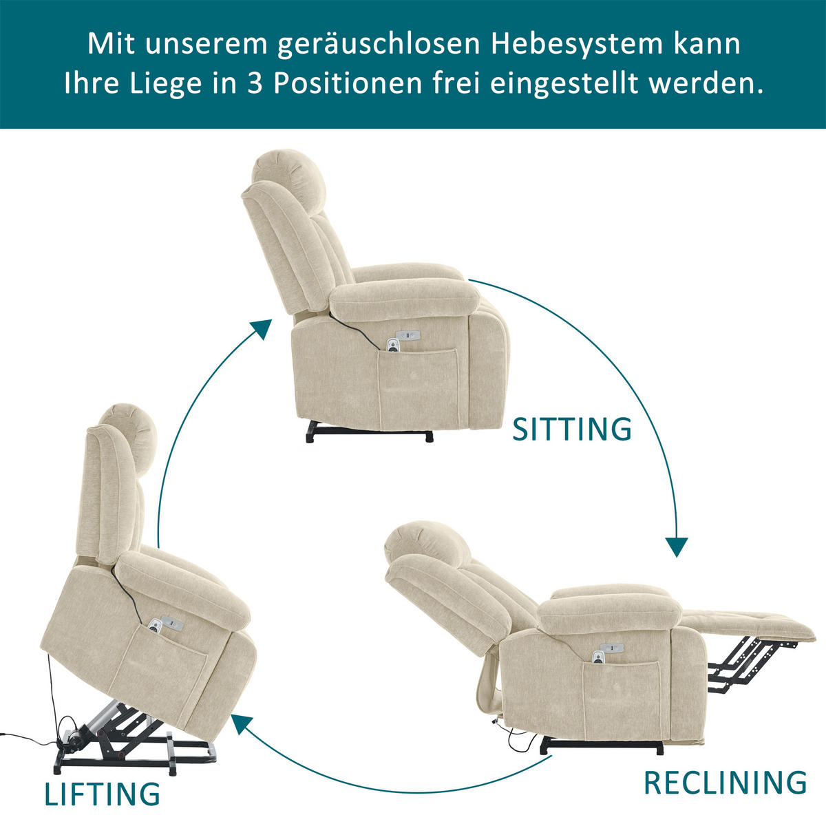 MASSAGESESSEL Stoff Beige mit Massagefunktion, Heizfunktion, USB und Hebefunktion - Beige, Holzwerkstoff/Textil (95/107/94cm) - WISHDOR